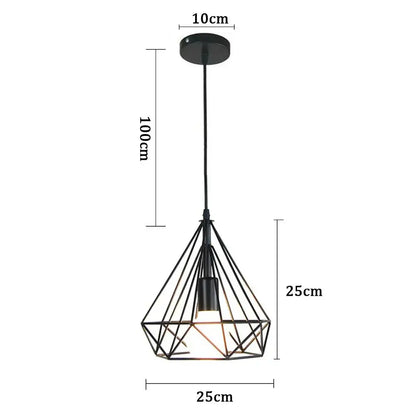 Black industrial iron cage pendant lamp with diamond-shaped geometric wire design for kitchen dining room decorbites industrial iron