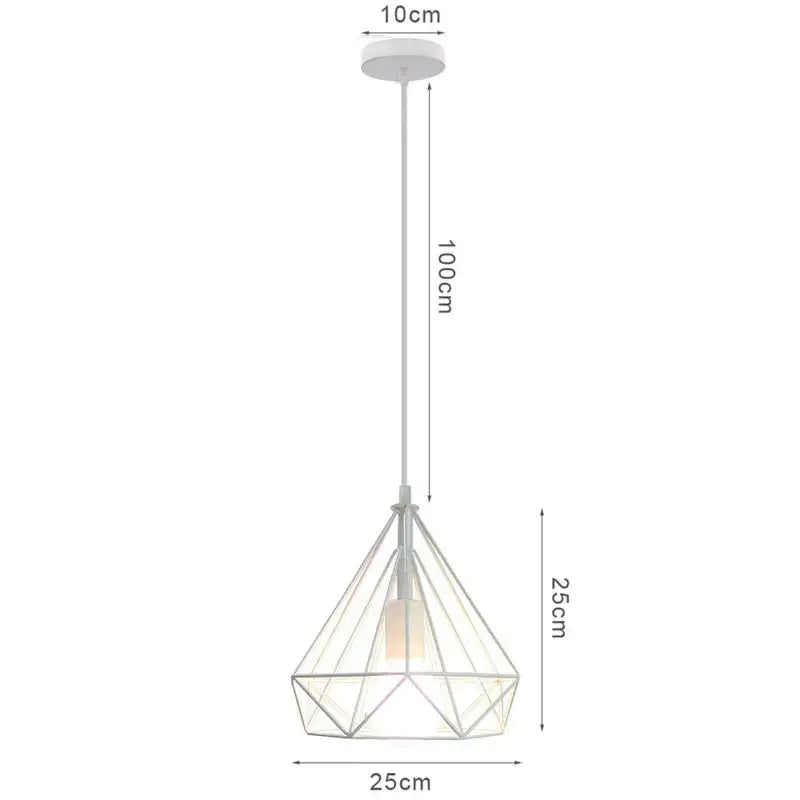 A modern white geometric pendant lamp with clear glass panels and an iron cage frame for kitchen dining decorbites industrial iron