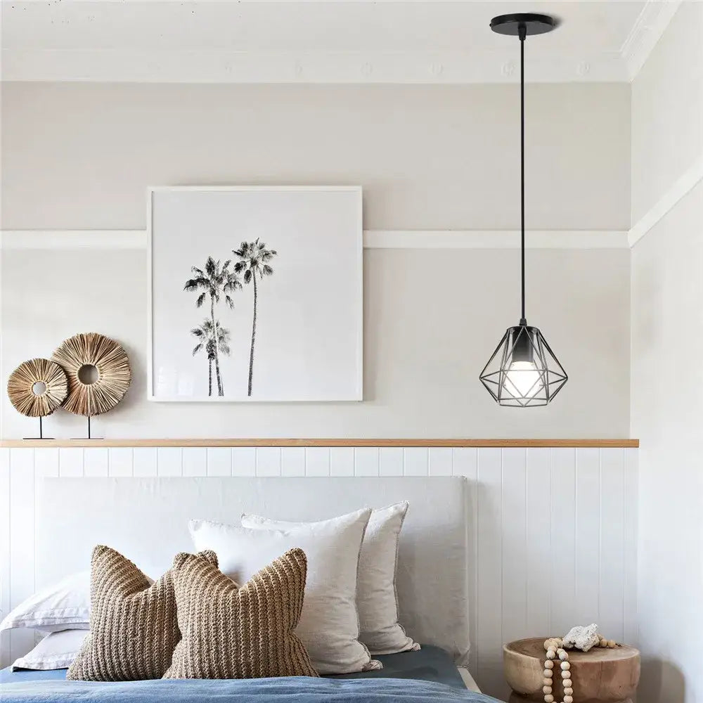 Black geometric pendant lamp with faceted iron cage design industrial iron decorbites for kitchen dining room