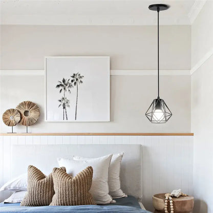 Black geometric pendant lamp with faceted iron cage design industrial iron decorbites for kitchen dining room
