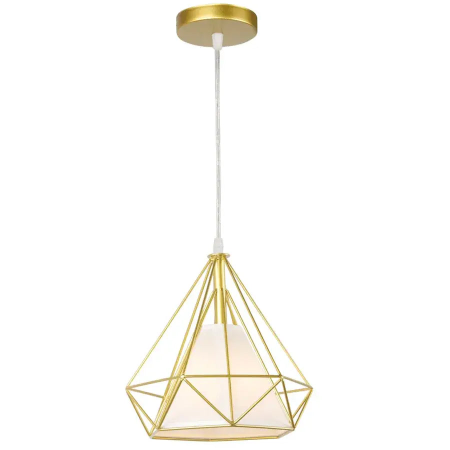 Gold geometric pendant lamp with iron cage diamond frame and frosted glass shade for kitchen dining decorbites industrial iron