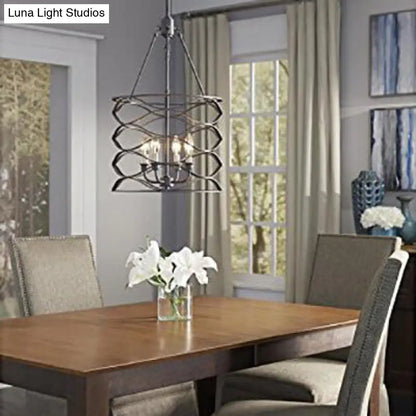 Industrial Iron Cage Shade Hanging Lamp – Black, Cylindrical Design – 4 Bulb Chandelier for Dining Room