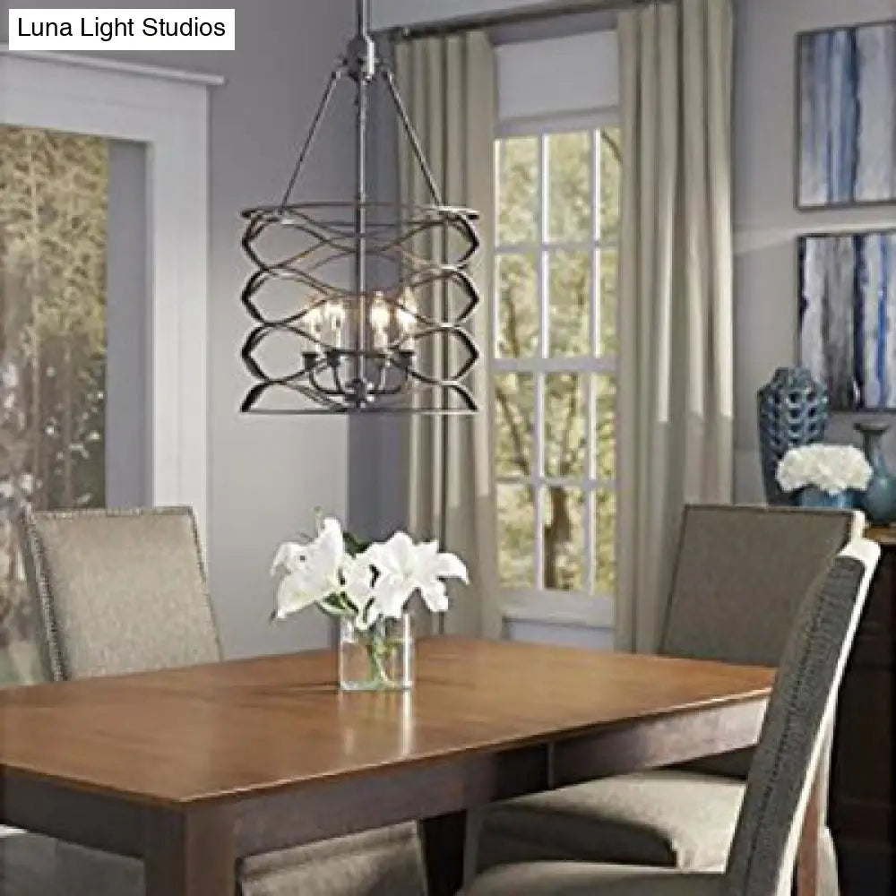 Industrial Iron Cage Shade Hanging Lamp – Black, Cylindrical Design – 4 Bulb Chandelier for Dining Room