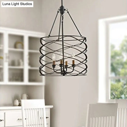 Industrial Iron Cage Shade Hanging Lamp – Black, Cylindrical Design – 4 Bulb Chandelier for Dining Room
