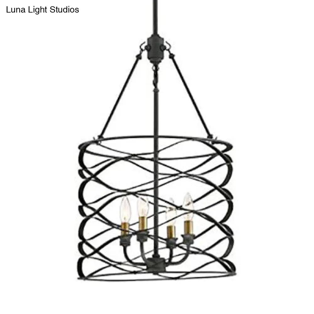 Industrial Iron Cage Shade Hanging Lamp – Black, Cylindrical Design – 4 Bulb Chandelier for Dining Room
