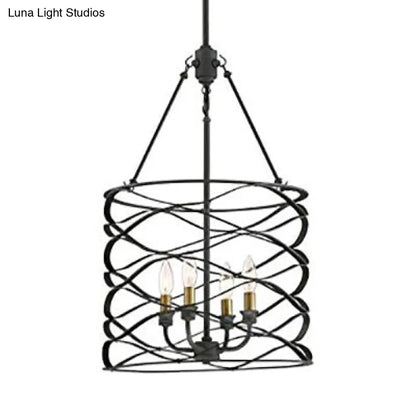 Industrial Iron Cage Shade Hanging Lamp – Black, Cylindrical Design – 4 Bulb Chandelier for Dining Room