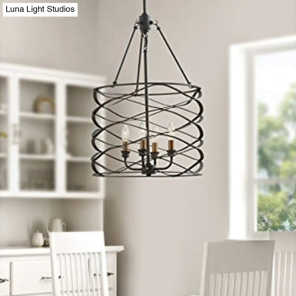 Industrial Iron Cage Shade Hanging Lamp – Black, Cylindrical Design – 4 Bulb Chandelier for Dining Room