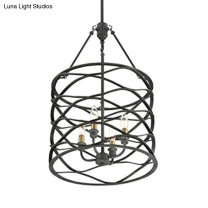 Industrial Iron Cage Shade Hanging Lamp – Black, Cylindrical Design – 4 Bulb Chandelier for Dining Room
