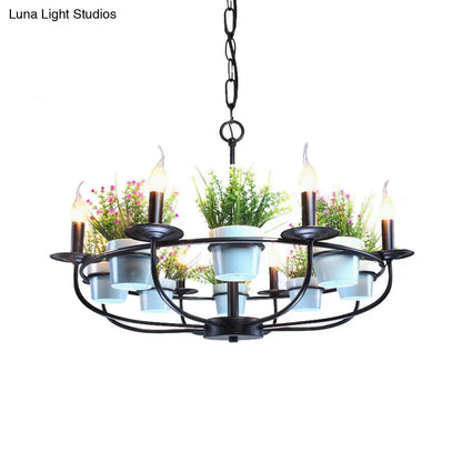 Industrial Iron Candelabra Chandelier, 6/8 Head Black Pendant Light with Potted Plant Decor - Perfect for the Living Room