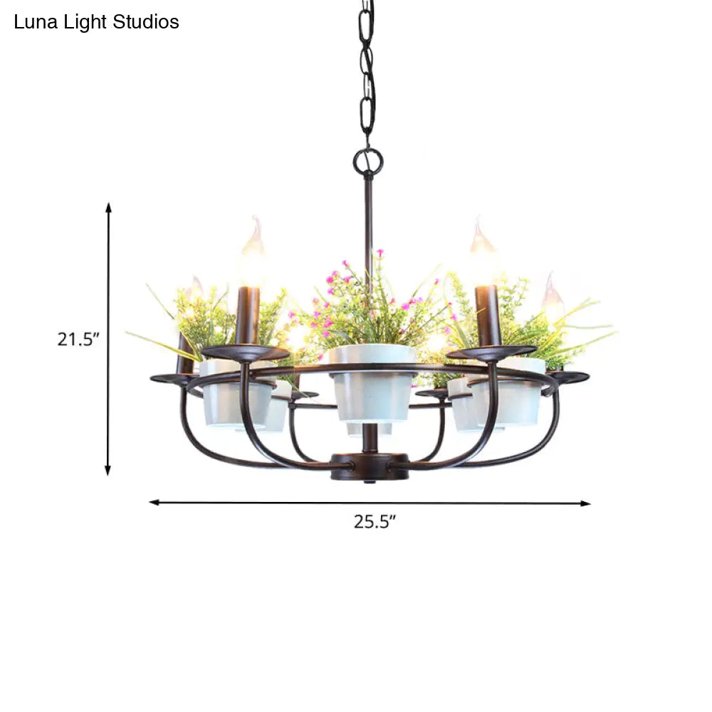 Industrial Iron Candelabra Chandelier, 6/8 Head Black Pendant Light with Potted Plant Decor - Perfect for the Living Room