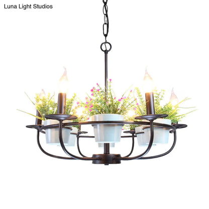 Industrial Iron Candelabra Chandelier, 6/8 Head Black Pendant Light with Potted Plant Decor - Perfect for the Living Room