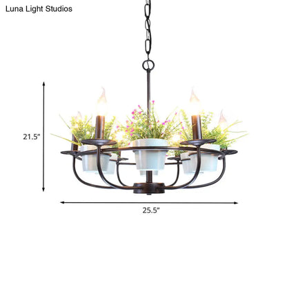 Industrial Iron Candelabra Chandelier, 6/8 Head Black Pendant Light with Potted Plant Decor - Perfect for the Living Room