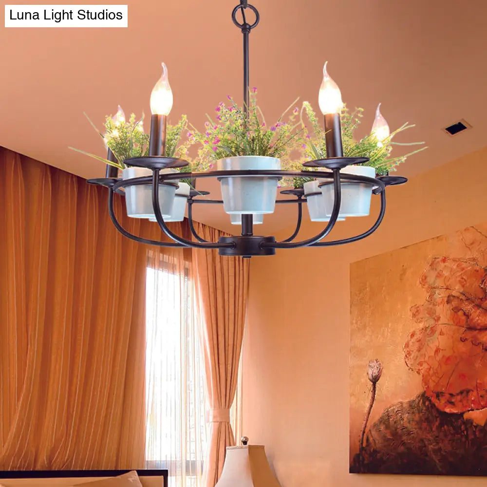 Industrial Iron Candelabra Chandelier, 6/8 Head Black Pendant Light with Potted Plant Decor - Perfect for the Living Room