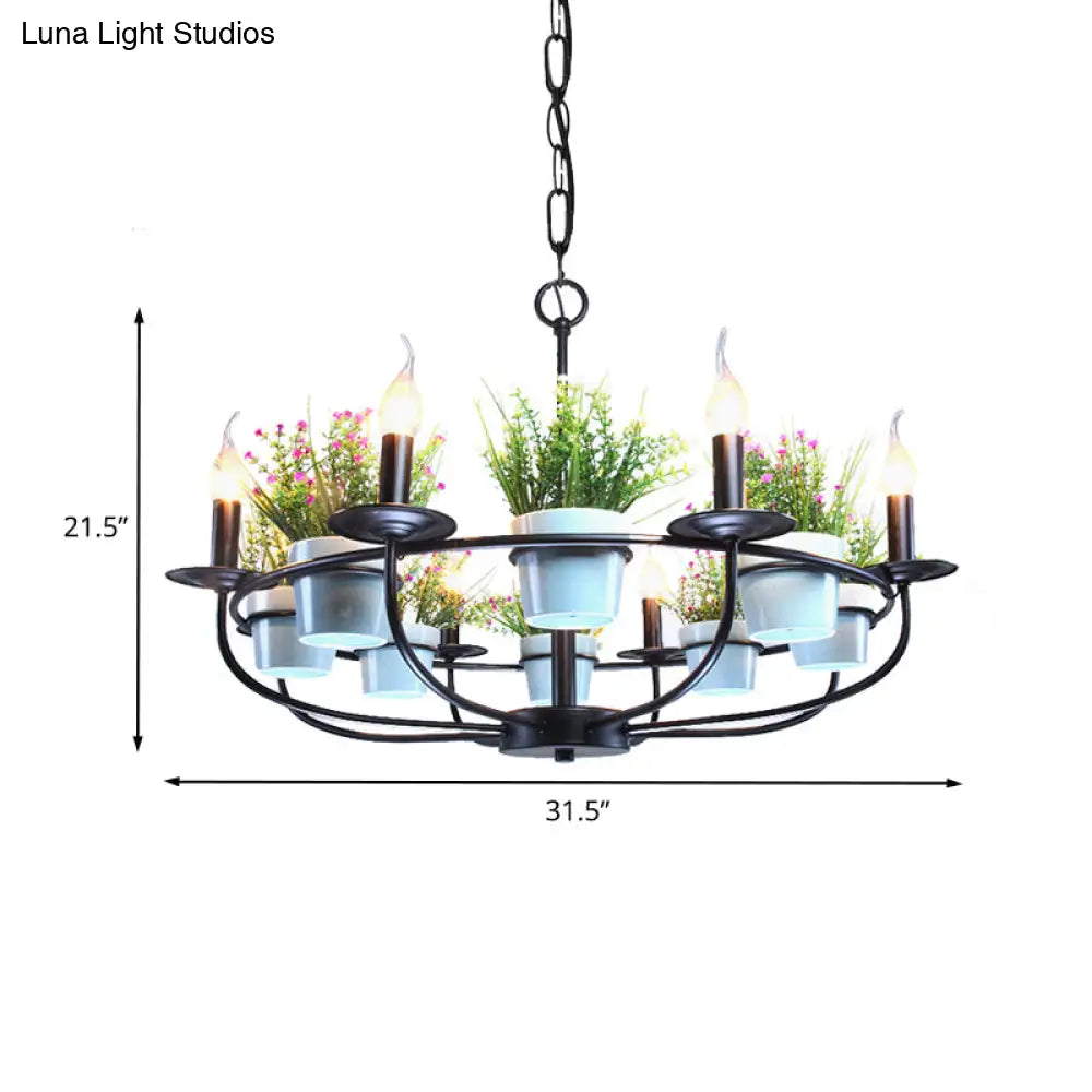 Industrial Iron Candelabra Chandelier, 6/8 Head Black Pendant Light with Potted Plant Decor - Perfect for the Living Room