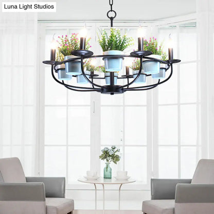 Industrial Iron Candelabra Chandelier, 6/8 Head Black Pendant Light with Potted Plant Decor - Perfect for the Living Room