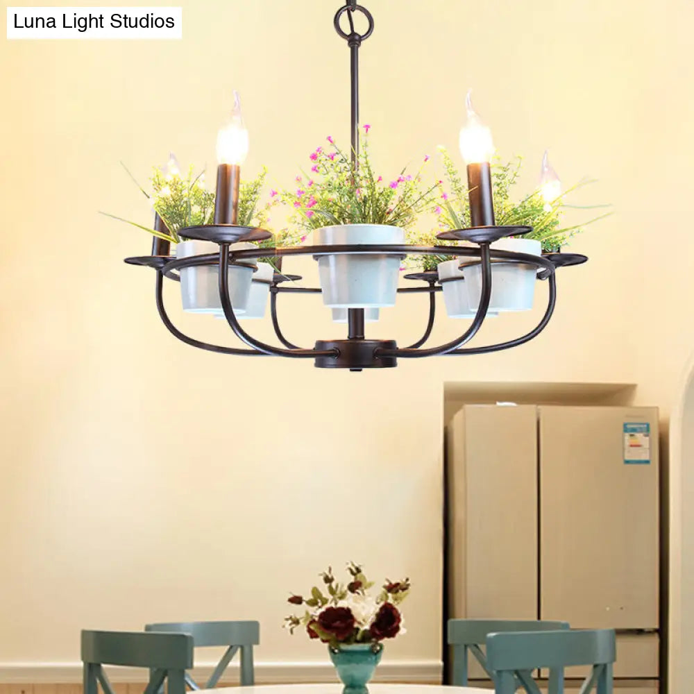 Industrial Iron Candelabra Chandelier, 6/8 Head Black Pendant Light with Potted Plant Decor - Perfect for the Living Room