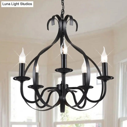 Industrial Iron Chandelier Lamp: Adjustable Flameless Candle Pendant Lighting, 6 Bulbs, Black Finish