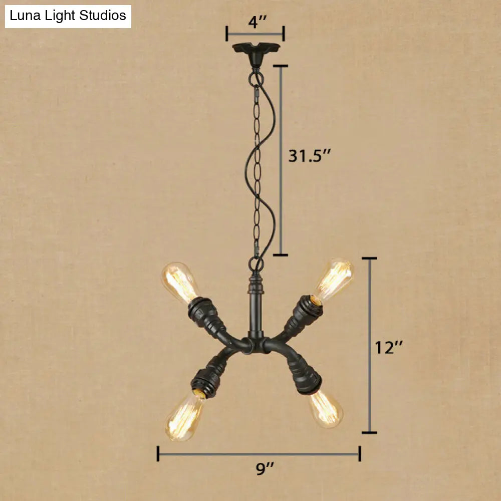 Industrial Iron Chandelier Pendant Light with Water Pipe - Stylish Bare Bulb Lamp (4-Light, Black)