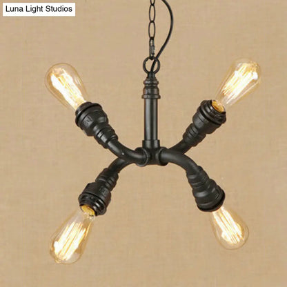 Industrial Iron Chandelier Pendant Light with Water Pipe - Stylish Bare Bulb Lamp (4-Light, Black)