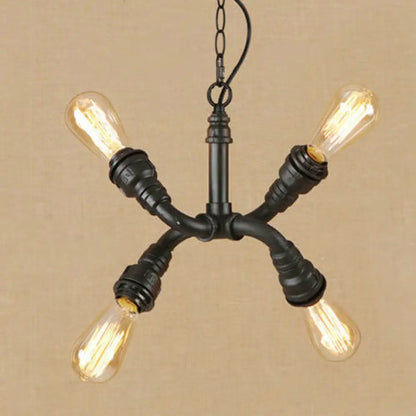 Industrial Iron Chandelier Pendant Light with Water Pipe - Stylish Bare Bulb Lamp (4-Light, Black)