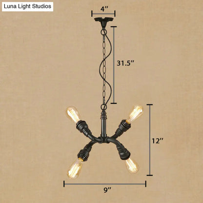 Industrial Iron Chandelier Pendant Light with Water Pipe - Stylish Bare Bulb Lamp (4-Light, Black)