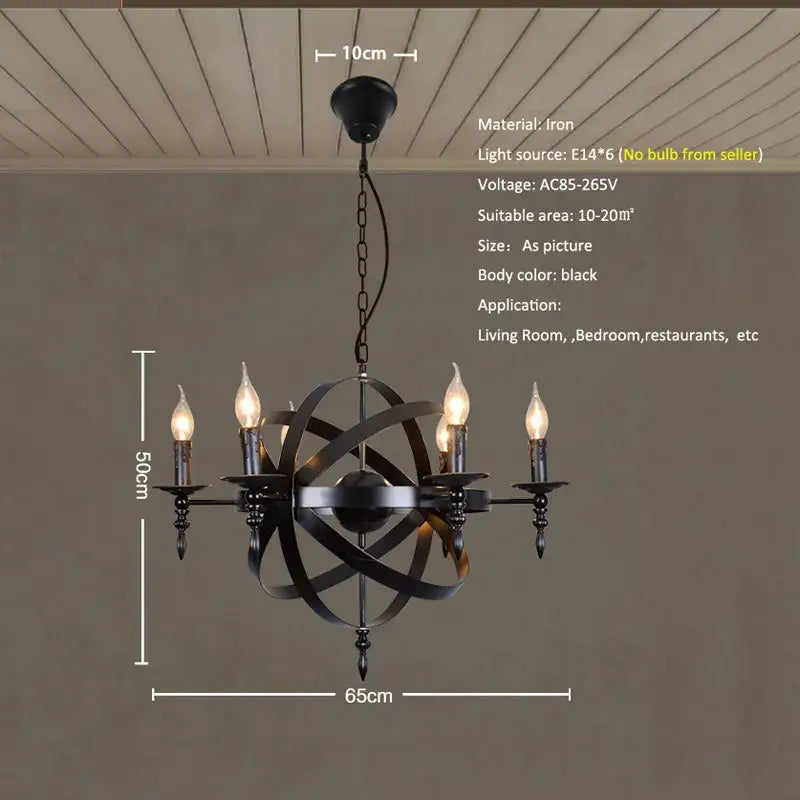 Black iron industrial iron chandelier with six candle-style bulbs and atomic sphere design for living room decorbites industrial