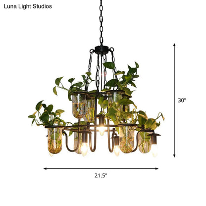 Industrial Iron Chandelier with 5 Bulbs and Plant Cup