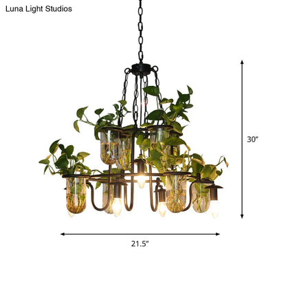 Industrial Iron Chandelier with 5 Bulbs and Plant Cup