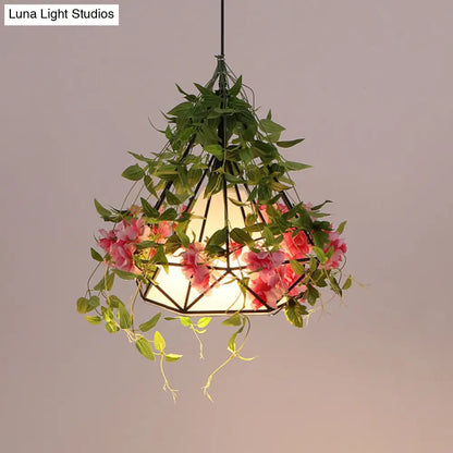 Industrial Iron Diamond Cage Pendant Ceiling Lamp with Cherry Blossom Decor - White/Pink, 10"/15"/18" Wide