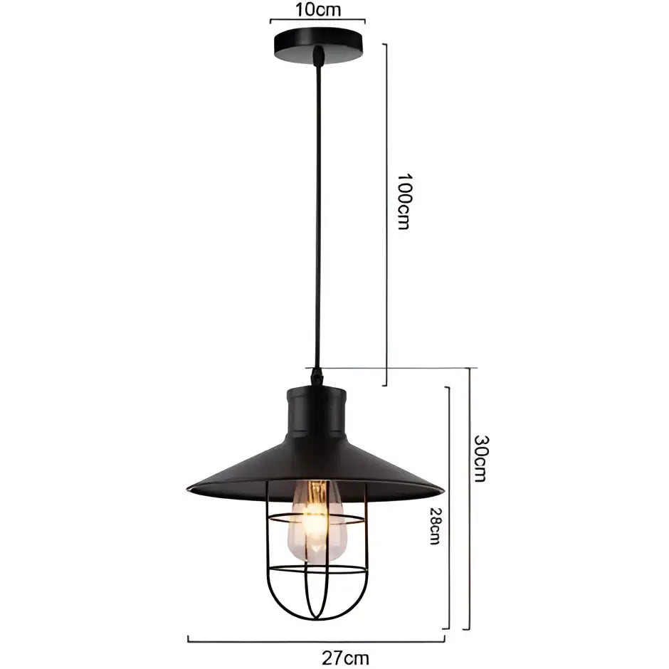 Black iron dome industrial pendant light with vintage edison bulb wire cage and flared shade for kitchen cafe decorbites