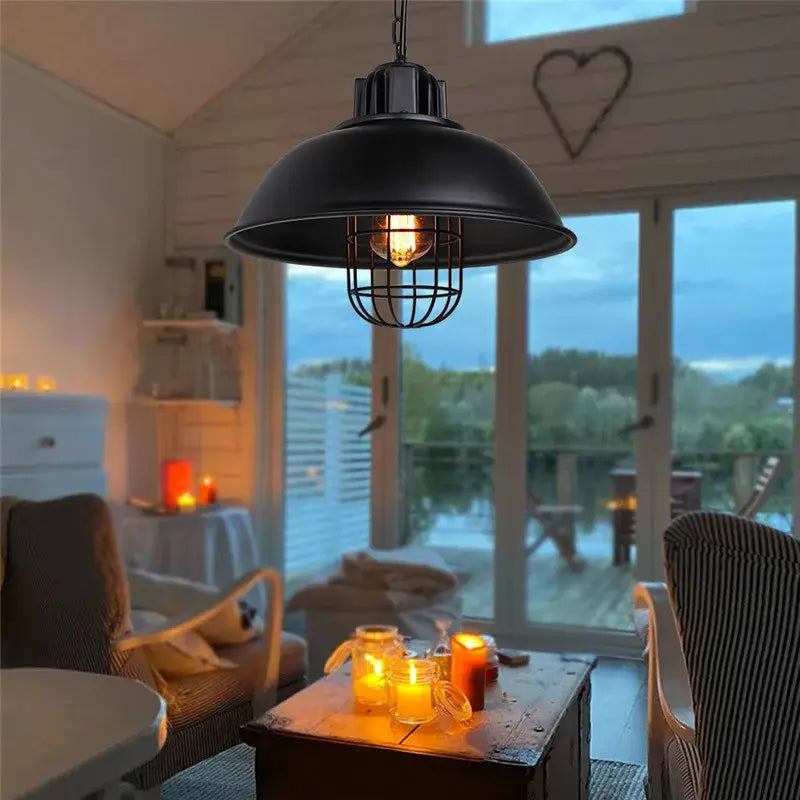 Black iron dome industrial pendant light with metal cage and exposed bulb for kitchen cafe decorbites pendant light
