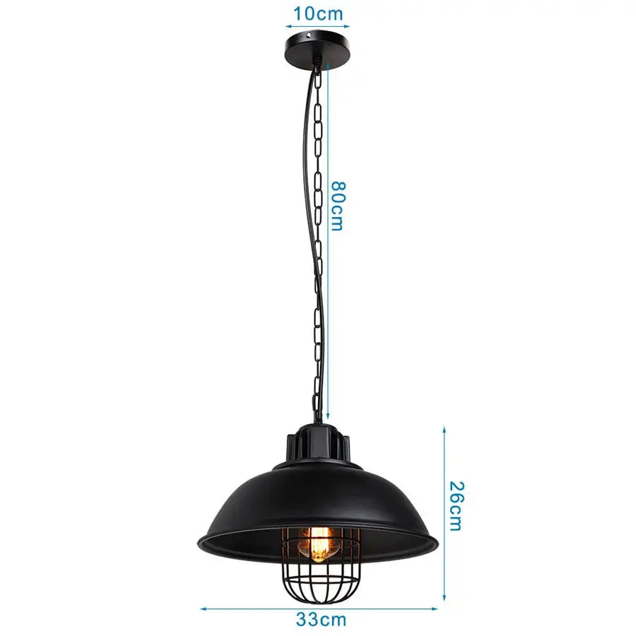 Black iron dome industrial pendant light with a wire cage and exposed bulb for kitchen cafe decorbites decor