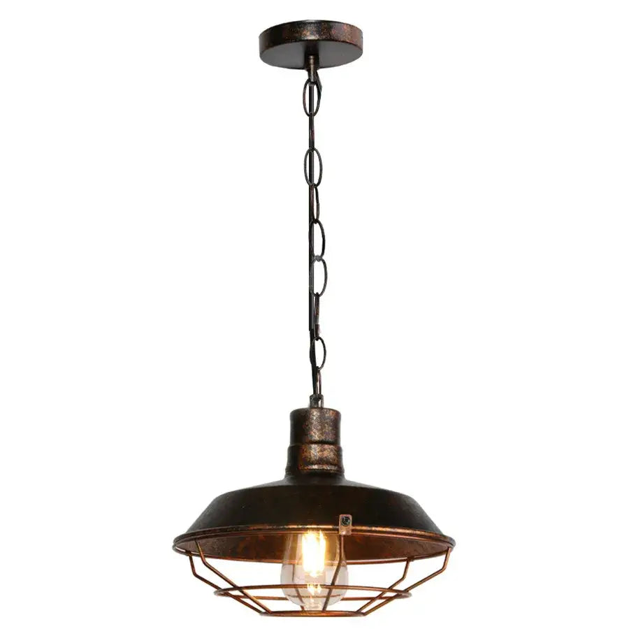 Industrial iron dome pendant light with dark bronze finish chain suspension and wire cage perfect for kitchen cafe decorbites pendant light
