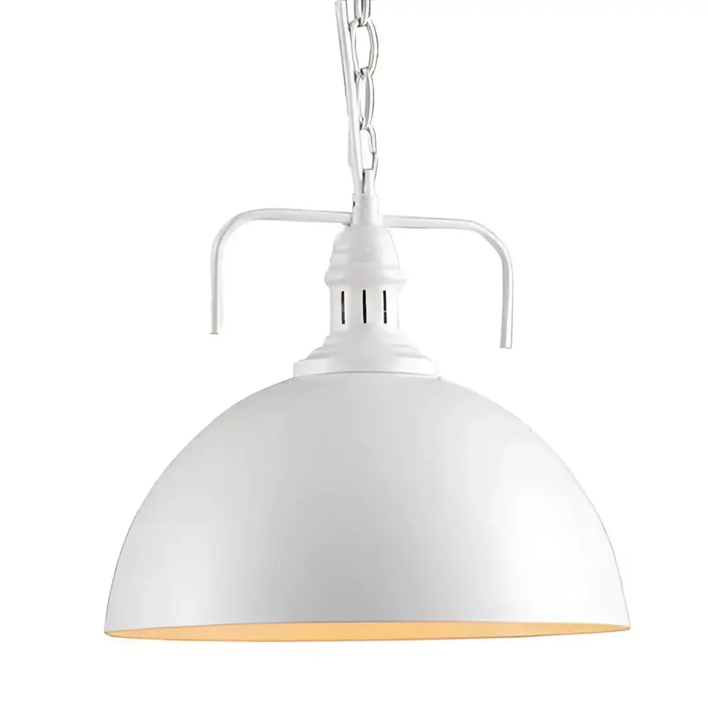 White iron dome industrial pendant light with domed metal shade and chain suspension for kitchen cafe decorbites decor