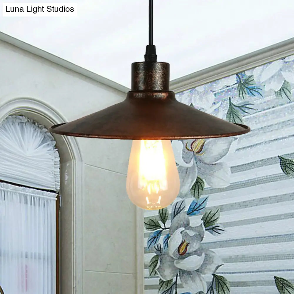 Industrial Iron Flared Shade Pendant Ceiling Light - Antique Brass/Rust Finish - Ideal for Dining Tables, 1 Bulb