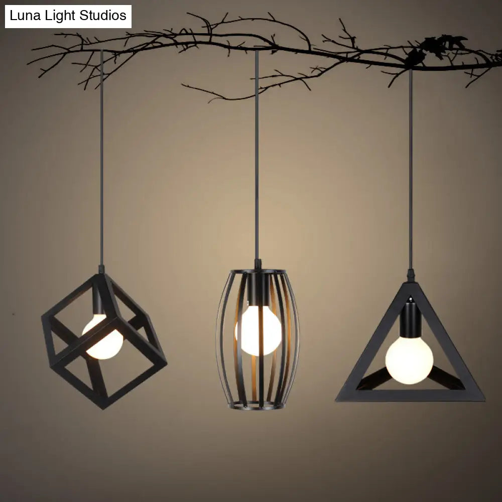 Industrial Iron Geometric Cage Hanging Ceiling Light - Black Suspension Lamp for Restaurants