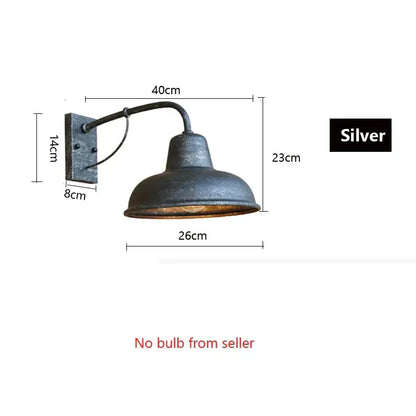 Silver industrial iron outdoor garden wall lamp with matte finish and curved arm for porch or patio decorbites iron outdoor