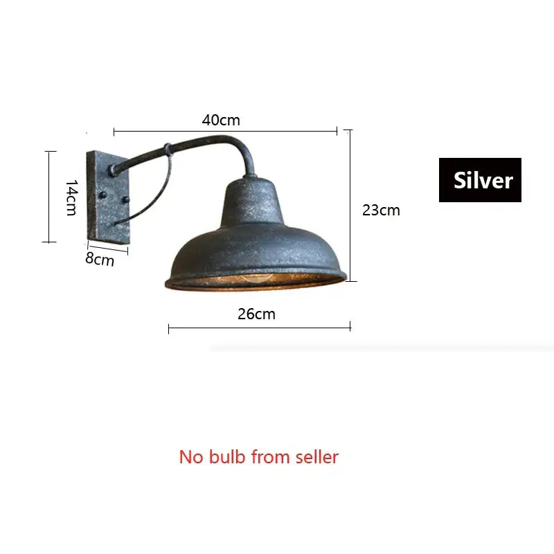 Silver industrial iron outdoor garden wall lamp with matte finish and curved arm for porch or patio decorbites iron outdoor