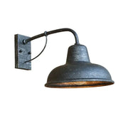 Industrial iron outdoor garden wall lamp with dark textured metal finish and curved arm for porch decorbites iron outdoor