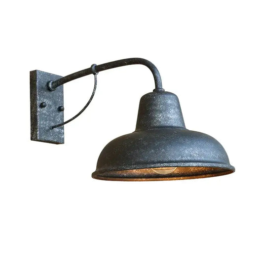 Industrial iron outdoor garden wall lamp with dark textured metal finish and curved arm for porch decorbites iron outdoor