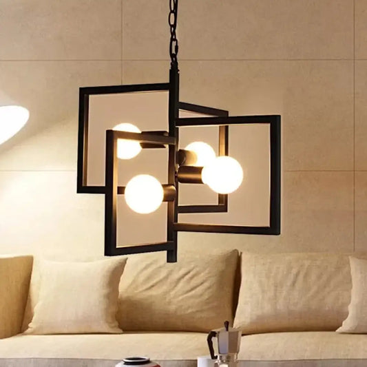 Industrial Iron Pendant Chandelier with 4 Lights for Square Living Rooms - Black