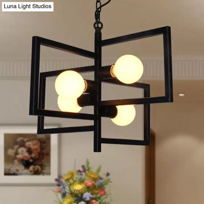 Industrial Iron Pendant Chandelier with 4 Lights for Square Living Rooms - Black