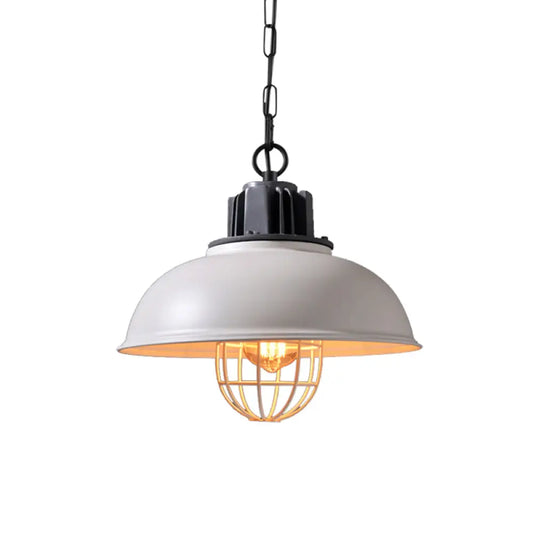 Industrial Iron Pendant Light - Bowl Dining Room Suspension Lighting with Cage - Black/White