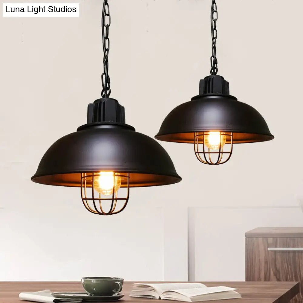 Industrial Iron Pendant Light - Bowl Dining Room Suspension Lighting with Cage - Black/White