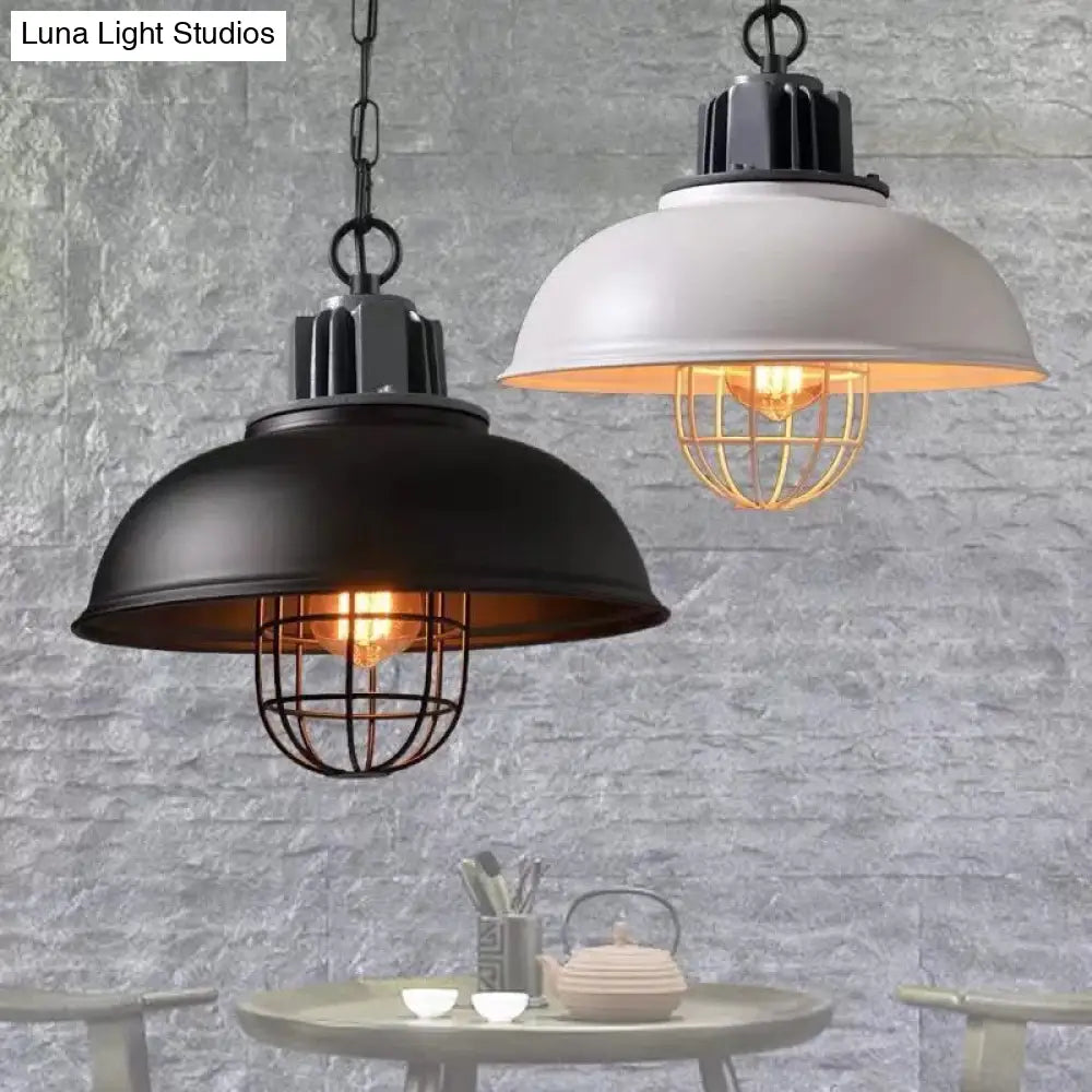 Industrial Iron Pendant Light - Bowl Dining Room Suspension Lighting with Cage - Black/White