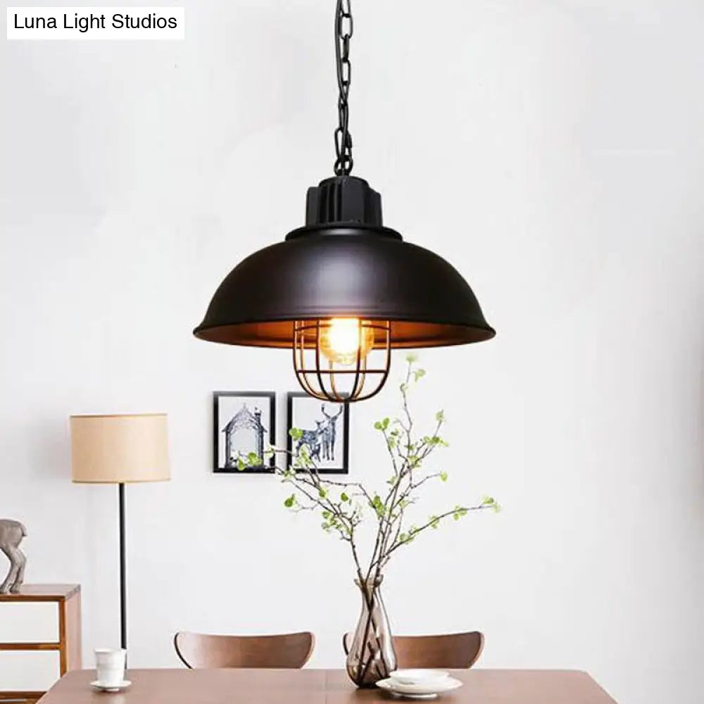 Industrial Iron Pendant Light - Bowl Dining Room Suspension Lighting with Cage - Black/White