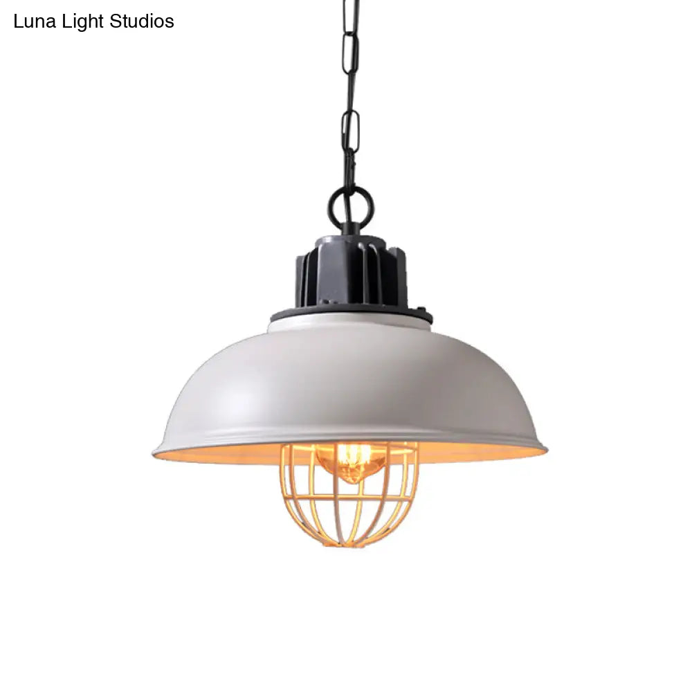 Industrial Iron Pendant Light - Bowl Dining Room Suspension Lighting with Cage - Black/White