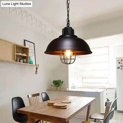 Industrial Iron Pendant Light - Bowl Dining Room Suspension Lighting with Cage - Black/White