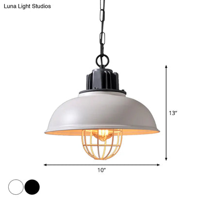 Industrial Iron Pendant Light - Bowl Dining Room Suspension Lighting with Cage - Black/White