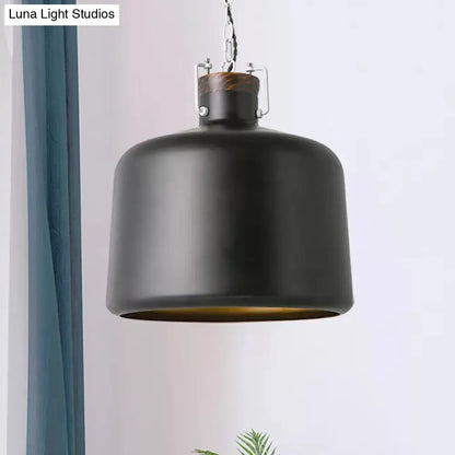 Industrial Iron Pendant Light Fixture - Bucket Restaurant 1 Bulb Suspension Lamp (Black/White)